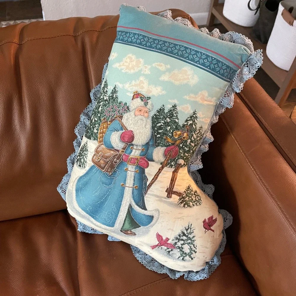 Vintage Victorian Blue Santa Stocking Decorative Pillow Lace Trim Double Sided